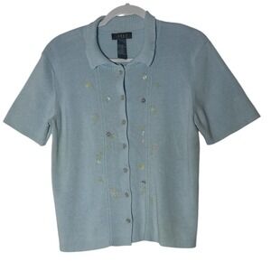 Koret Sweater Top Women's PXL Floral Embroidered  Button Up Stretch Short Sleeve